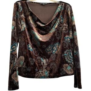 Briggs New York Petite PXL Chocolate Brown Teal Floral Velvet Cowl Neck Top